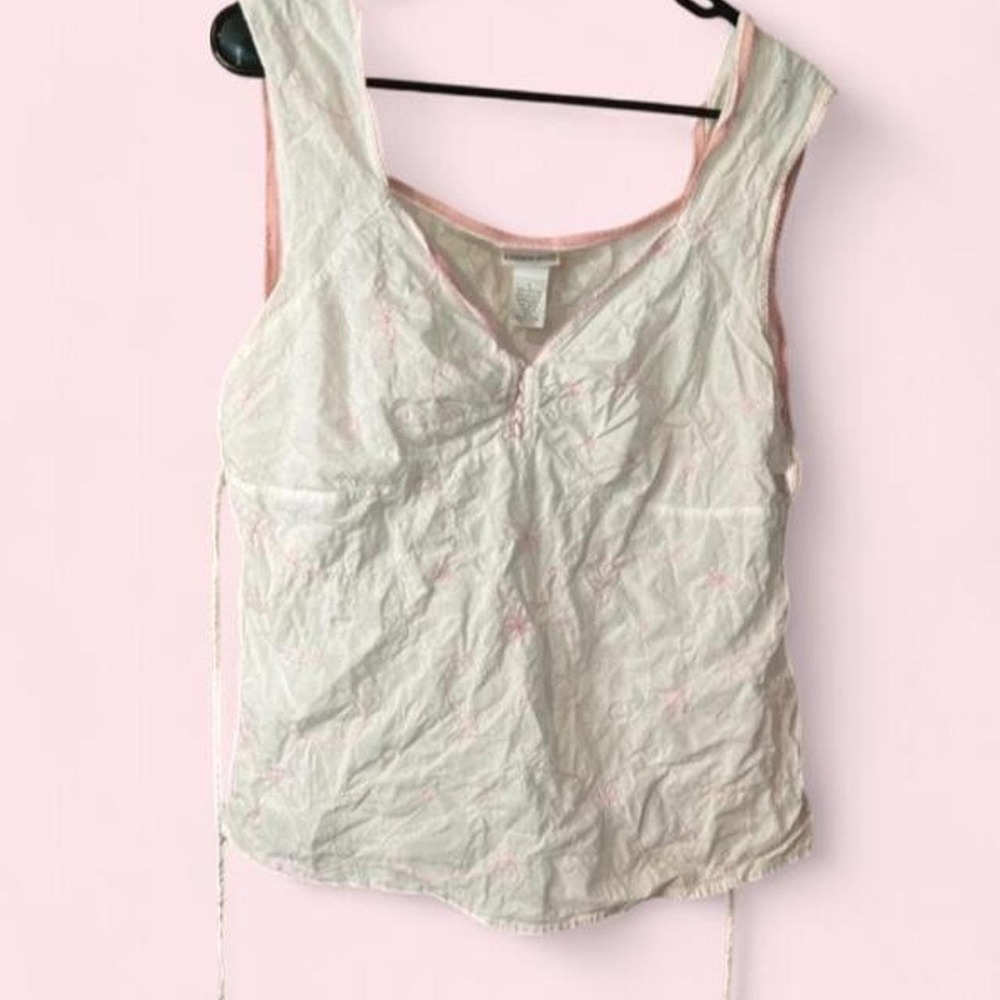 Vintage Y2K Fashion Bug White Cotton Eyelet Lace Trim Cami Tank Top Size Large